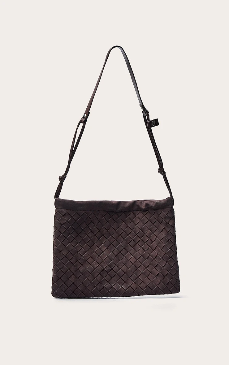 PrettyLittleThing Chocolate Faux Suede Woven Drawstring Crossbody Bag - Slouchy Chic Handbag 2 PrettyLittleThing Chocolate Faux Suede Woven Drawstring Crossbody Bag - Slouchy Chic Handbag - Image 2