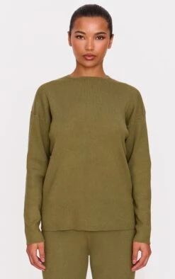 Prettylittlething Khaki Light Rib Knit Oversized Top