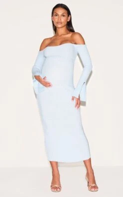 Prettylittlething Maternity Baby Blue Off The Shoulder Contrast Knit Midaxi Dress