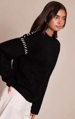 Black Blanket Stitch Knit Sweater