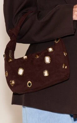 PrettyLittleThing Chocolate Faux Suede Dome Stud Shoulder Bag - Brown Statement Mini Bag