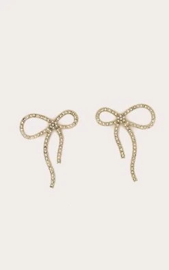 Prettylittlething Gold Diamante Bow Detail Stud Earrings