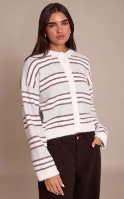 Prettylittlething Grey Wool Blend Striped Cardigan