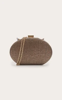 PrettyLittleThing Chocolate Brown Oval Raffia Structured Clutch - Woven Hard Case Evening Bag -FRAME Clothing Shop d87a723d268188ded86041dda5fee4226b69089b CNN3445 3 chocolate oval raffia structured clutch