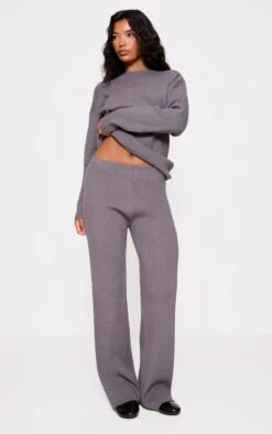 Prettylittlething Grey Light Rib Knit Wide Leg Pants