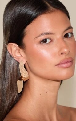 Prettylittlething Gold Hammered Abstract Tigers Eye Statement Earrings