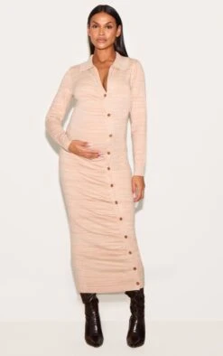 Prettylittlething Maternity Stone Knitted Asymmetric Buttons Ruched Bump Midi Dress
