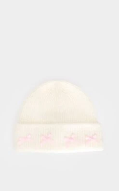 Prettylittlething Cream Bow Detail Ribbed Beanie