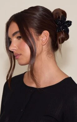 Prettylittlething Black Crystal Lily Flower Hair Clip