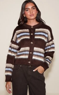 Prettylittlething Chocolate Striped Brushed Knit Cardigan