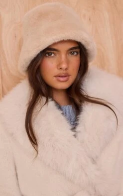 Prettylittlething Beige Faux Fur Bucket Hats