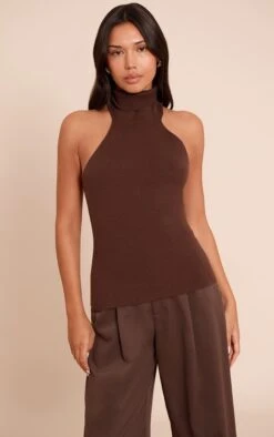 Prettylittlething Chocolate Compact Knit Halterneck Top