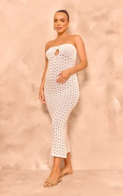 Prettylittlething Maternity White Open Knit Bandeau Midaxi Dress