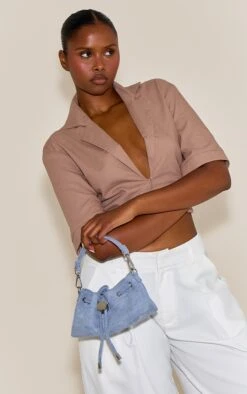 Prettylittlething Powder Blue Faux Suede Drawstring Mini Bag