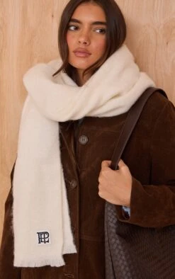 Prettylittlething PLT Badge Cream Brushed Knit Scarf