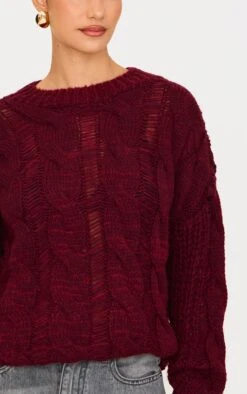 PrettyLittleThing Burgundy Marl Distressed Detail – Chunky Cable Knit Oversized Sweater -FRAME Clothing Shop e341b369cb6b27a830209b45f4aaed81bd6aacfa cnl5048 4