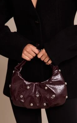 PrettyLittleThing Plum Crinkle PU Silver Studded Shoulder Bag - Glossy Faux Leather Handbag