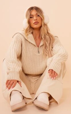 Prettylittlething Stone Chunky Knitted Zip Up Oversized Sweater