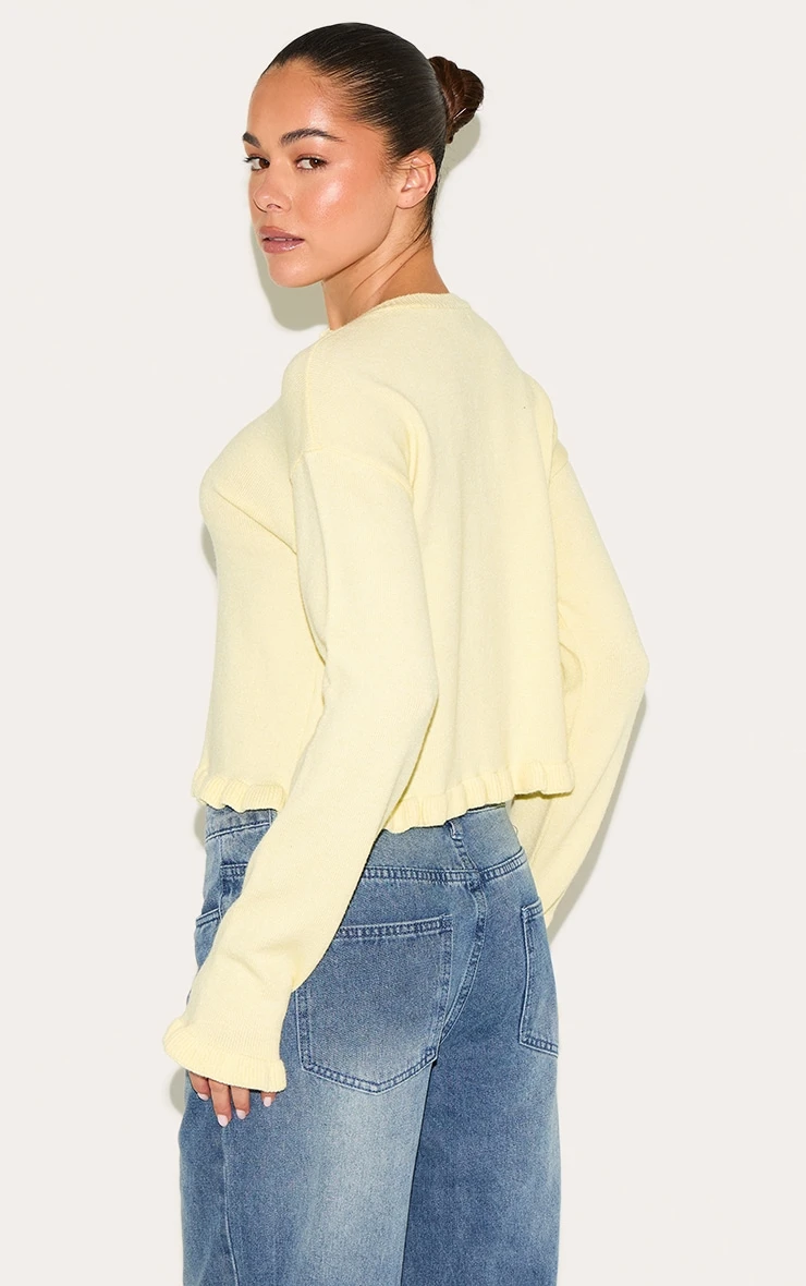 PrettyLittleThing Lemon Yellow Knit Ruffle Detail Button-Down Cardigan 2 PrettyLittleThing Lemon Yellow Knit Ruffle Detail Button-Down Cardigan - Image 2
