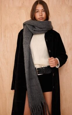 Smokey Grey Brushed Knit Tassel Scarf