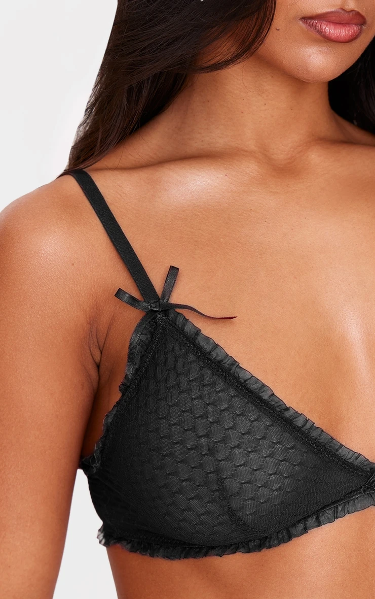 Prettylittlething Black Textured Mesh Frill Edge Triangle Bra 4 Prettylittlething Black Textured Mesh Frill Edge Triangle Bra - Image 4