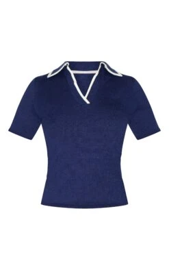 Prettylittlething Navy Knitted Contrast Polo Collar Top -FRAME Clothing Shop e85461806897c6f0a0cef8209f0ddbcb9bad9e0f CNM7665 5 navy knitted contrast polo collar top