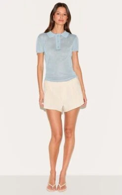 Prettylittlething Light Blue Sheer Knit Polo Top -FRAME Clothing Shop ed078613a3c401b561de2c74a02076c29a2bdab6 CNM9268 3 light blue sheer knit polo top