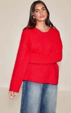 Red Rib Detail Oversized Sweater