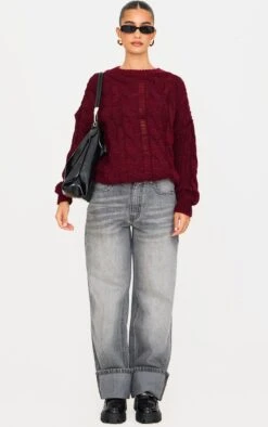 PrettyLittleThing Burgundy Marl Distressed Detail – Chunky Cable Knit Oversized Sweater