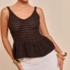 Prettylittlething Chocolate Peplum Knit Crochet Top
