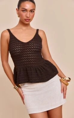 Prettylittlething Chocolate Peplum Knit Crochet Top