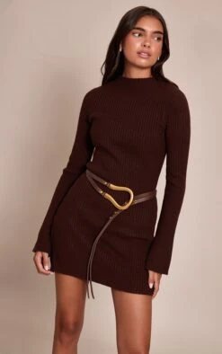 Prettylittlething Chocolate Rib Knitted Dress