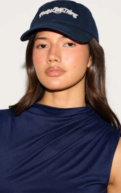 Prettylittlething Pretty Little Thing Cream Embroidered Navy Cap