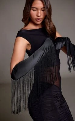 PrettyLittleThing Black Satin Side Fringe Detail Long Gloves – Opera Length Statement Accessory