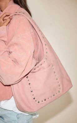 Prettylittlething Powder Pink Faux Suede Studded Shoulder Bag