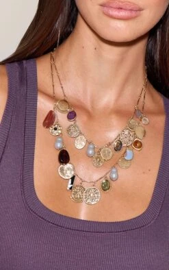 PrettyLittleThing Gold Layered Multi-Pendant Charm Necklace – Coin, Padlock & Pearl Detail