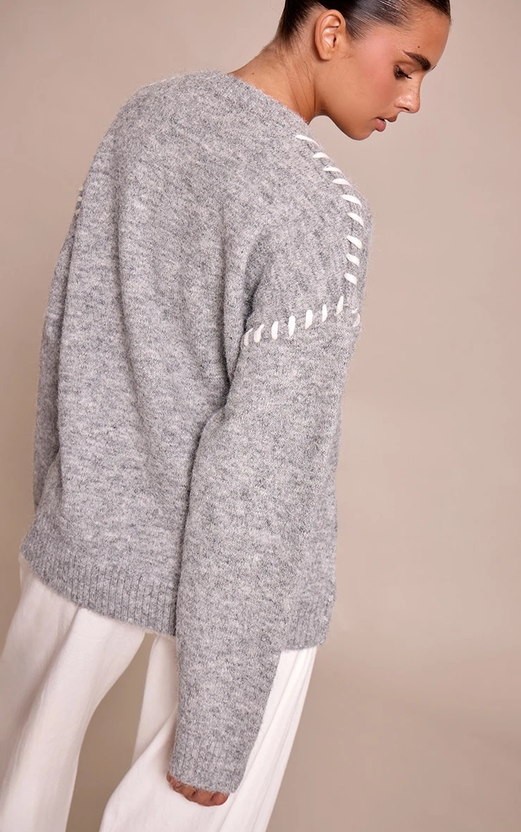 Grey Blanket Stitch Knit Sweater 2 Grey Blanket Stitch Knit Sweater - Image 2