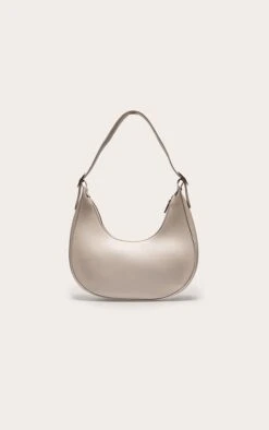 PrettyLittleThing Cream Curved PU Shoulder Bag – Mixed Chain Strap Crescent Handbag
