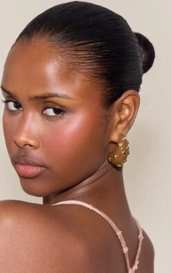 Prettylittlething Smokey Brown Gold Studded Hoop Earrings