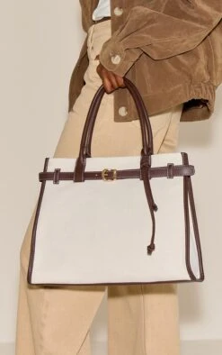 Prettylittlething Natural Canvas Contrast Handle Handbag