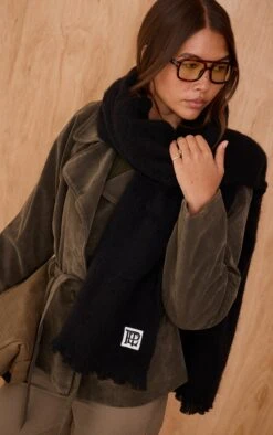 Prettylittlething PLT Badge Black Brushed Knit Scarf