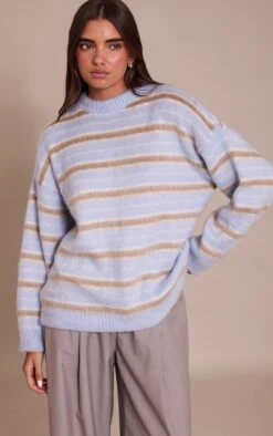 Prettylittlething Brown Striped Brushed Knit Sweater