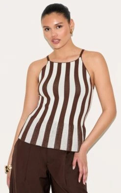 PrettyLittleThing Chocolate & White Stripe Peplum Cami Top – Brushed Knit Spaghetti Strap Day Top