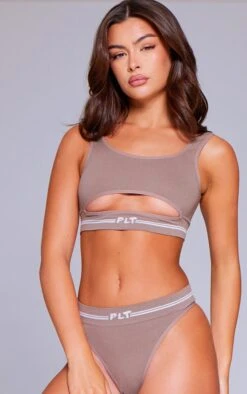 PRETTYLITTLETHING Mocha Seamless Rib Cut Out Bralette