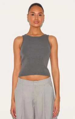 Prettylittlething Charcoal Fine KnitRacer Neck Top
