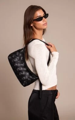 PrettyLittleThing Black Hand Woven Faux Leather Shoulder Bag – Structured Evening Purse