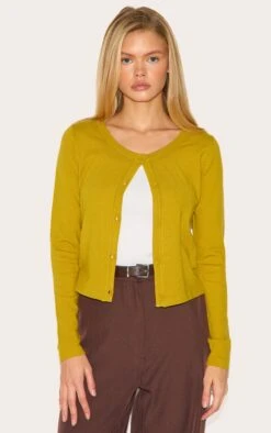 Prettylittlething Olive Basic Fine Knit Button Up Cardigan