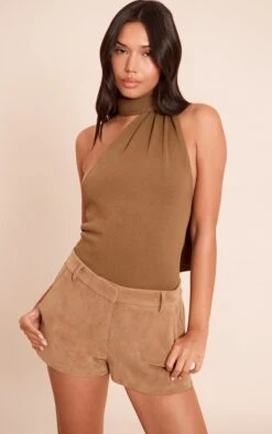 Prettylittlething Khaki Scarf Neck Detail Sleeveless Knitted Top